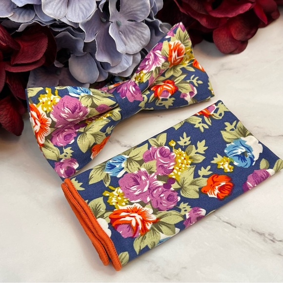 Blue Floral Butterfly Bow Tie and Pocket Square - Picture 7 of 16